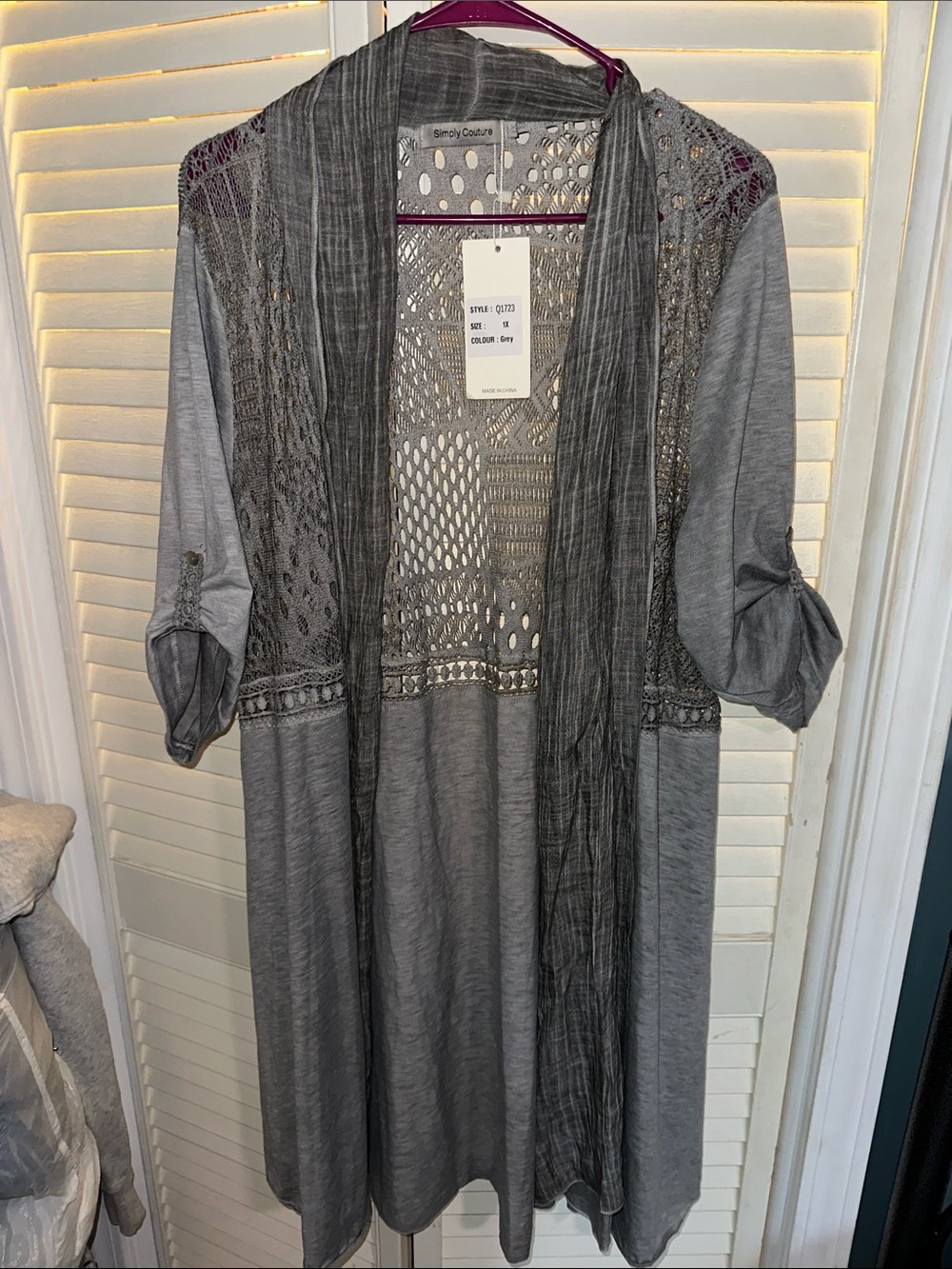 Simply Couture Gray Open-Front Crochet Cardigan